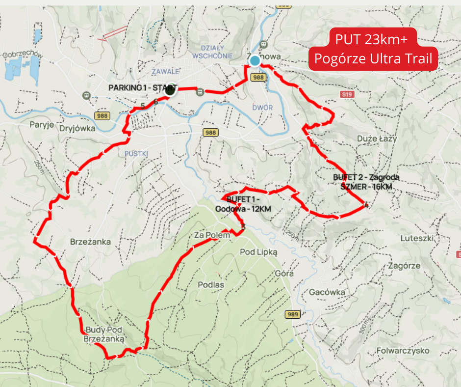 Mapa trasy biegu na 23 km 