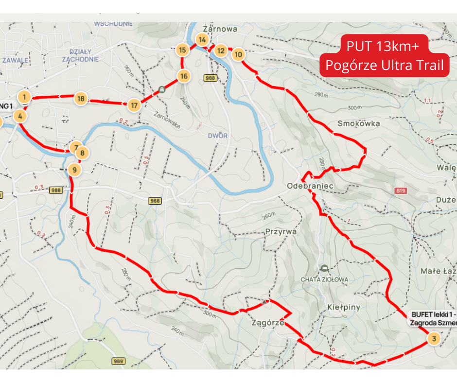 Mapa trasy biegu na 13 km